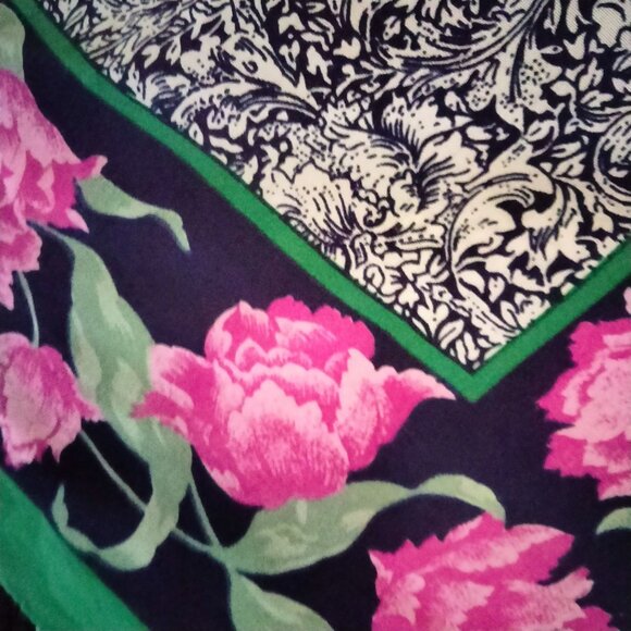 Floral Pattern Satin Scarf 28x28 Green Pink Rose - Picture 4 of 6